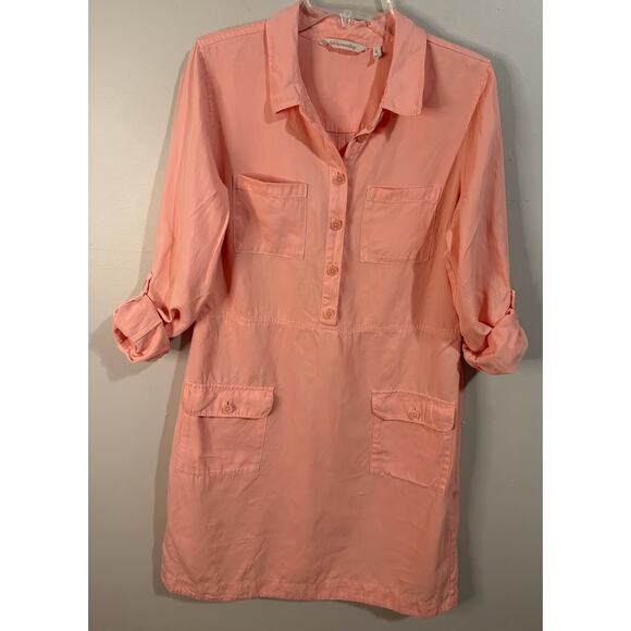 Soft Surroundings Peach Linen Blend Roll Tab Sleeve Shirt Dress Size Medium - Picture 8 of 9